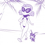 all_fours bell blush breasts clothed clothing collar duo eyewear female footwear glasses hair kerchief navel palm_tree plant shoes simple_background slippers sunglasses swimwear tree underwear white_background lonbluewolf harpy_gee opal truffle canid canine canis domestic_dog human humanoid mammal 1:1 black_and_white digital_media_(artwork) monochrome sketch