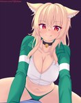 2024 animal_humanoid bell bell_collar blonde_hair breasts cleavage clothed clothing collar digital_media_(artwork) eyebrow_through_hair eyebrows eyelashes fastrunner2024 felid felid_humanoid female hair hi_res humanoid inner_ear_fluff jingle_bell jingle_bell_collar long_hair looking_at_viewer mammal mammal_humanoid navel pupils red_eyes slit_pupils solo text tiffy_(fastrunner2024) tongue tongue_out translucent translucent_hair tuft url