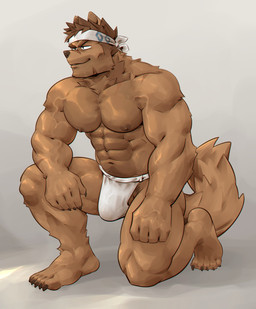 5_fingers 5_toes andromorph anthro areola big_muscles bottomwear brown_body brown_fur clothing feet fingers fur hot_dogging intersex loincloth male maleherm markings mostly_nude muscular muscular_anthro odd_roomate pecs pose presenting sex solo toes underwear young canid canine canis domestic_dog humanoid mammal invalid_tag absurd_res hi_res