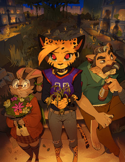 3_toes anthro barefoot belt blue_eyes bottle bottomwear bouquet brown_body brown_eyes brown_fur brown_pawpads cemetery cheek_tuft claws clothing coat collar collared_shirt container denim denim_bottomwear denim_clothing detailed_background ear_piercing ear_ring eyebrows eyewear facial_hair facial_tuft feet female finger_claws flower flower_bouquet footwear fur glasses group hair head_tuft high-angle_view highlights_(coloring) holding_object jeans jersey long_ears long_sleeves long_tail looking_aside looking_at_viewer male markings mustache pants pawpads paws piercing plant pointy_ears polo_shirt red_eyes ring_piercing round_ears shirt short_hair shorts sitting socks spots spotted_body spotted_fur striped_markings stripes tail thick_eyebrows tied_ears toe_claws toeless_footwear toeless_legwear toeless_socks toeless_stockings toes topwear torn_bottomwear torn_clothing torn_jeans torn_pants trio tuft wearing_glasses white_highlights worried yellow_body yellow_fur ruffu pepper_in_the_sandbox alamsa_(ruffu) paddy_(ruffu) pepper_(ruffu) felid feline lagomorph leporid lion mammal pantherine rabbit serval digital_drawing_(artwork) digital_media_(artwork)