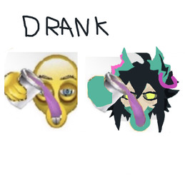 anthro black_hair blue_body blue_fur container cup drugs duo ear_piercing emoji female fur glowing glowing_eyes hair piercing yellow_eyes zoko_(doom_pidgeon) codeine doom_pidgeon undead zombie meme