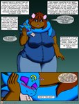 2018 absurd_res anthro belly big_breasts black_circus blue_body blue_eyes blue_scales blush bottomwear breasts brown_body brown_fur brown_hair buckteeth business_card clothing comic cricetid dialogue drunk duo ear_piercing ear_ring english_text eyes_closed eyeshadow female feral fur hair hamster hi_res janet_(viroveteruscy) jo-ann_wolf kissing makeup mammal multicolored_body multicolored_scales navel_outline open_mouth overweight overweight_anthro overweight_female pants piercing pink_body pink_scales reptile ring_piercing rodent scales scalie shirt snake speech_bubble substance_intoxication talking_feral teal_sclera teeth text topwear two_tone_body two_tone_scales url viroveteruscy