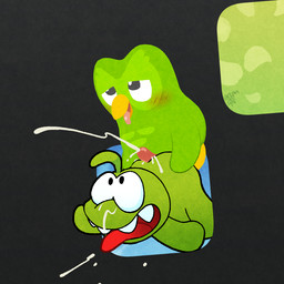 ambiguous_gender beak blush bodily_fluids cum cum_on_face cumshot duo ejaculation erection genital_fluids genitals hot_dogging male male/ambiguous mascot penis sex tongue argon_vile cut_the_rope duolingo duo_(duolingo) om_nom alien avian bird nommie owl 1:1
