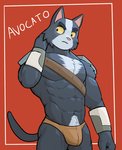 2021 abs anthro avocato barazoku bulge character_name clothing domestic_cat felid feline felis final_space hand_behind_head hi_res jrjresq male mammal muscular muscular_anthro muscular_male navel pecs pinup portrait pose red_background shoulder_pads simple_background solo standing thong three-quarter_portrait underwear ventrexian