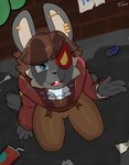 alley anthro blue_eyes bodily_fluids buckteeth clothing fur grey_body grey_fur imminent_sex kneeling male male/male nervous piercing shadow solo sweat sweatdrop teeth trash mr_fuwa lagomorph leporid mammal rabbit absurd_res hi_res