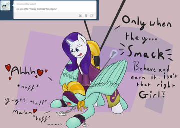 abstract_background ambiguous_penetration ask_blog blindfold bound chain chained cuff_(restraint) dialogue duo female female/female feral horn magic penetration restraints riding_crop text whip wings magic-violet friendship_is_magic hasbro my_little_pony mythology lightning_dust_(mlp) rarity_(mlp) equid equine mammal mythological_creature mythological_equine pegasus unicorn english_text