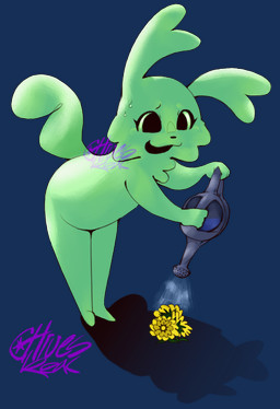 anthro bodily_fluids female flower fumbunk green_body plant shadow solo sweat sweatdrop watering_can chivesreal garn47 skeepy_(garn47)