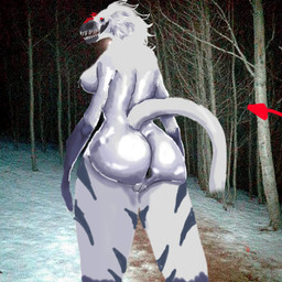 anthro anus anus_focus big_breasts big_butt bleak_ambiance breasts butt butt_focus curvy_figure feathers female fluffy fluffy_tail forest found_footage fur head_crest horn hourglass_figure markings multicolored_body multicolored_fur neck_tuft nipple_piercing nipple_ring nipples no_pupils nude piercing plant red_eyes ring_piercing solo striped_body stripes tail thick_thighs tree tuft white_body white_fur wide_hips derikdrawsmonsters jessica_(derikdrawsmonsters) animal_humanoid dinosaur humanoid monster monstrous_humanoid prehistoric_species reptile saurischian scalie scalie_humanoid theropod tyrannosauroid yutyrannus absurd_res digital_drawing_(artwork) digital_media_(artwork) digital_painting_(artwork) hi_res painting_(artwork) sketch unfinished