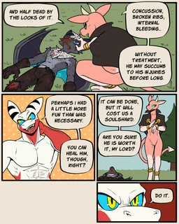anklet anthro blue_sclera clothing dialogue gloves gold_(metal) gold_jewelry group handwear horn jewelry larger_male licking licking_lips male male/male muscular muscular_male pink_body servant size_difference spade_tail tail text tongue tongue_out trio unconscious unconscious_male white_body wings yellow_eyes 60percentscalie dovak evelan_(60percentscalie) vauruk bat demon lizard mammal reptile scalie 4:5 comic english_text hi_res