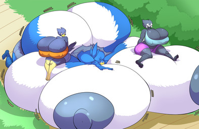 4_toes anthro areola beak big_breasts big_nipples blue_body blue_feathers blue_tail_feathers bottomwear breast_expansion breasts butt butt_expansion cleavage clothed clothing expansion feathers feet female female_anthro fingers group huge_breasts huge_nipples hyper hyper_breasts lying lying_on_self nipple_outline nipples non-mammal_breasts on_front orange_eyes outside pink_eyes sitting_on_breasts toes torn_bottomwear torn_clothing white_body white_breasts white_feathers jaeh busty_bird jaehnne ra_(ralord) avian bird corvid corvus_(genus) crow mammal oscine passerine raven 2016 hi_res
