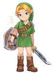 belt blonde_hair blue_eyes boots clothing duo footwear hair humanoid_pointy_ears looking_at_viewer male melee_weapon not_furry pointy_ears shield shirt shoes simple_background smile sword topwear tunic weapon olxexlo nintendo ocarina_of_time the_legend_of_zelda navi young_link fairy humanoid hi_res signature