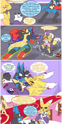 abs against_surface against_wall alcohol angry annoyed anthro arm_tuft armwear aura band-aid bandage battle beverage biceps bite bite_mark black_body black_claws black_fur black_nose black_sclera blood blue_eyes bodily_fluids breasts bridal_gauntlets brown_body brown_fur butt candle carrying_another carrying_partner chair cheek_tuft chest_tuft claws clothed clothed/nude clothing curvy_figure cutlery date dialogue discussion duo ear_piercing eating egg eyelashes eyeliner eyes_closed facial_markings facial_tuft fangs female fight fist flirting fluffy food fork frown fur fur_markings furniture gesture glass group gym hand_gesture hand_on_arm head_markings innuendo inside jumping kiss_on_lips kissing kitchen_utensils larger_female long_ears long_tail looking_at_another looking_down looking_up makeup male markings mask_(marking) muscular muscular_female muscular_male neck_tuft nude open_mouth pasta pawpads pecs piercing pink_clothing pink_pawpads pink_tongue pose purple_clothing red_body red_eyes red_fur restaurant rice romantic romantic_couple scratches sharp_teeth shoulder_tuft sitting size_difference smaller_male smile spaghetti speech_bubble spikes spikes_(anatomy) spoon standing suggestive suggestive_gesture table tail tan_body tan_fur teeth text thick_thighs tomoe_(symbol) tongue tools triceps tuft wall_(structure) wide_hips wine wounded yin_yang lolpuny87 bandai_namco digimon nintendo pokemon canid digimon_(species) generation_4_pokemon generation_6_pokemon generation_7_pokemon lopunny lucario lycanroc mammal mega_evolution mega_lucario midnight_lycanroc pokemon_(species) renamon renamon_x x-digimon colored comic crossover english_text hi_res shaded