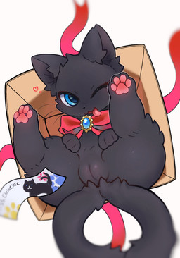 2_tails black_body black_ears black_fur black_paws blue_eyes bow_accessory bow_ribbon female feral fur gem genitals looking_at_viewer multi_tail one_eye_closed pawpads pink_pawpads pupils red_ribbon simple_background solo tail tongue tongue_out vulva white_background wink re5yls arknights hypergryph studio_montagne miss_christine_(arknights) domestic_cat felid feline felis mammal 2026 colored digital_drawing_(artwork) digital_media_(artwork) hi_res