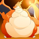 ambiguous_gender anthro belly big_belly blue_eyes huge_belly male morbidly_obese obese orange_body overweight solo wide_hips wings pichurria game_freak nintendo pokemon generation_6_pokemon mega_charizard mega_charizard_y mega_evolution pokemon_(species) 1:1 absurd_res hi_res