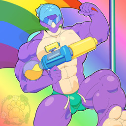 abs anthro backwards_hat biceps butt clothing feet glistening glistening_body green_clothing green_underwear gun hat headgear headwear holding_gun holding_object holding_pride_flag holding_ranged_weapon holding_weapon lgbt_pride male muscular muscular_anthro muscular_male object_in_mouth obscured_eyes pecs pride_colors purple_body quads rainbow_flag rainbow_pride_flag rainbow_symbol ranged_weapon solo underwear vincian_pride_colors weapon white_body evilpaldo brawl_stars supercell_(company) pierce_(brawl_stars) dinosaur prehistoric_species reptile scalie absurd_res hi_res watermark