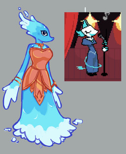 alternate_costume anthro apode bracelet clothed clothing clothing_swap dress electronics female female_anthro grey_background jewelry legless looking_at_viewer microphone orange_clothing orange_dress screencap simple_background slim_anthro slim_female snout solo sprite water freaky_frohicky deltarune undertale_(series) miss_mizzle tasque_manager darkner elemental_creature mizzle_(deltarune) water_creature 2025 english_description full-length_portrait portrait reference_image