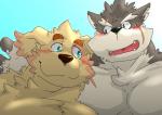 blush claws duo fur hover_hand male male/male multicolored_body multicolored_fur pecs scar slightly_chubby two_tone_body two_tone_fur yellow_body yellow_fur yukikazefactory lifewonders tokyo_afterschool_summoners cu_sith_(tas) moritaka_(tas) bird_dog canid canine canis domestic_dog golden_retriever hunting_dog mammal retriever 2019