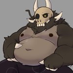 2_horns 3_fingers anthro belly belly_grab big_belly bone claws clothed clothing countershading fingers fluffy fur grey_background grey_body grey_fur hand_on_belly horn male moobs multicolored_body multicolored_fur navel neck_tuft nipples overweight overweight_anthro overweight_male simple_background sitting skull skull_head solo topless tuft two_tone_body two_tone_fur yellow_eyes binca_233 disney the_owl_house papa_titan_(the_owl_house) titan_(the_owl_house) 1:1 hi_res