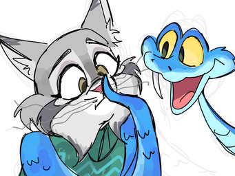 anthro blue_body blue_scales clothing duo feral fur grey_body grey_fur male scales simple_background smile sweater topwear yellow_eyes pino2525 disney zootopia gary_de'snake pawbert_lynxley canada_lynx felid feline lynx mammal pit_viper reptile scalie snake viper 4:3 hi_res