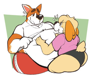 anthro belly big_belly black_clothing black_underwear bottomwear butt clothing duo female floppy_ears fur hand_on_belly huge_belly larger_male male male/female obese obese_anthro obese_male orange_body orange_fur overweight overweight_anthro overweight_male pink_clothing pink_shirt pink_topwear pointy_ears red_bottomwear red_clothing red_shorts shirt shorts size_difference smile snout topwear underwear white_body white_clothing white_fur white_shirt white_topwear wide_waist yellow_body yellow_fur boot_(artist) animal_crossing nintendo copper_(animal_crossing) isabelle_(animal_crossing) canid canine canis domestic_dog mammal 2020