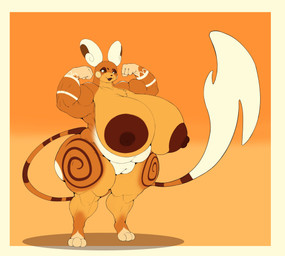 anthro areola belly big_areola big_breasts border breasts brown_nipples curvy_figure female flexing fur genitals huge_areola huge_breasts hyper hyper_breasts long_tail looking_at_viewer muscular muscular_anthro muscular_female nipple_dip nipples open_mouth orange_background overweight overweight_female pokemorph simple_background smile solo tail thick_thighs voluptuous vulva white_border white_ears yellow_body yellow_fur giselle_orochi nintendo pokemon alolan_form alolan_raichu generation_7_pokemon pokemon_(species) regional_form_(pokemon) absurd_res hi_res