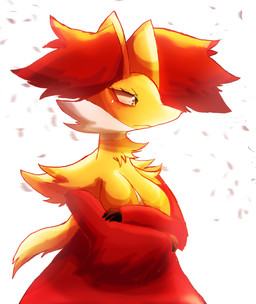 anthro blush blush_lines breasts cheek_tuft ear_tuft eyelashes facial_tuft female fluffy fur leaf light medium_breasts red_body red_eyes red_fur simple_background solo standing tan_body tan_fur tuft white_background white_body white_fur felipotyphlosion nintendo pokemon canid canine delphox generation_6_pokemon mammal pokemon_(species) 2026 digital_drawing_(artwork) digital_media_(artwork) hi_res lighting