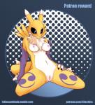 abstract_background anthro belly black_sclera blue_eyes breasts chest_tuft female fur genitals navel nipples nude pussy solo spread_legs spreading text tuft white_body white_fur yellow_body yellow_fur cashmere_(artist) bandai_namco digimon canid canine digimon_(species) mammal renamon 2015 hi_res url