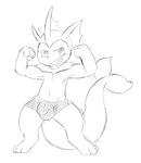 3_toes 4_fingers anthro anthrofied clothed clothing crotch_lines digitigrade feet fin fingers fist flexing genital_outline male narrowed_eyes navel solo tail tail_fin toes topless oob nintendo pokemon eeveelution generation_1_pokemon pokemon_(species) vaporeon 2020 digital_media_(artwork) hi_res monochrome sketch