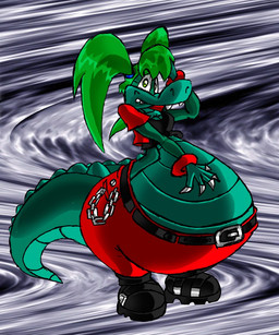 anthro belly big_belly clothing female footwear green_hair hair overweight red_clothing shoes solo toony virus-20 alligator alligatorid crocodilian reptile scalie 2006