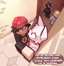 :3 against_surface against_wall alley ambiguous_gender anthro anti-fur anti_furry black_body black_clothing black_fur black_hair black_shirt black_topwear blush brick brick_wall cheek_tuft clothing collar ears_up facial_tuft female fur furrowed_eyebrows hair hat headgear headwear love machine male male/female pink_collar red_clothing red_hat red_headwear shirt spectators text topwear tuft wall_(structure) white_body white_fur aymbord boy_kisser_(meme) roblox girlkisser_(melodynotmel) canid canine human mammal protogen 2026 english_text meme signature