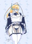 ahoge big_breasts blonde_hair blue_eyes breasts cleavage clothed clothing clothing_lift female grin hair huge_breasts huge_thighs long_hair looking_at_viewer machine maid_uniform narrowed_eyes panties smile solo standing teeth text thick_thighs underwear uniform white_body wide_hips zedrin cave_story curly_brace android humanoid robot hi_res signature