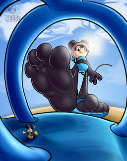 4_toes anthro black_body blue_clothing blue_swimwear clothing duo feet female flip_flops foot_focus footwear macro male sandals shoes soles swimwear toes baggy_(artist) disney mickey_mouse minnie_mouse mammal mouse murid murine rodent absurd_res hi_res