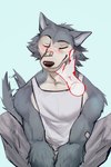 ambiguous_gender anthro band-aid band-aid_on_face band-aid_on_nose bandage bandage_on_face bandage_on_nose beastars black_nose blush bottomwear canid canine canis clothed clothing disembodied_hand duo excaliburwolf eyes_closed fully_clothed fur grey_body grey_fur headpat hi_res legoshi_(beastars) male mammal pants shirt simple_background smile tail tail_motion tailwag tank_top topwear wolf