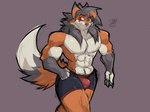 abs anthro athletic bedroom_eyes black_hair boxer_briefs bulge clothed clothing detailed_bulge fitness fluffy fluffy_tail fur fur_markings glistening glistening_body glistening_skin hair long_hair male markings muscular muscular_anthro muscular_male narrowed_eyes pawpads pecs red_eyes seductive simple_background smile solo tail tan_background underwear underwear_only iaian_luxo_fox jackson_stullinger_(iaian_luxo_fox) canid canine fox mammal 2022 4:3 absurd_res hi_res