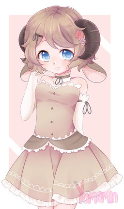 accessory clothing dress female flower flower_in_hair gloves hair hair_accessory handwear horn looking_at_viewer plant solo yumemin animal_humanoid bovid bovid_humanoid caprine caprine_humanoid goat_humanoid humanoid mammal mammal_humanoid