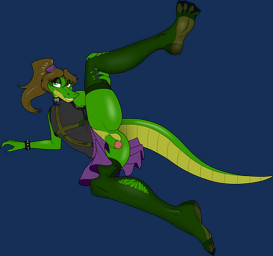 anthro armband bottomwear clothing collar colored_nails digit_ring eyelashes eyeshadow feet femboy genitals green_eyes hair jewelry legwear looking_at_viewer makeup male nails navel penis ponytail pose raised_leg ring skirt small_penis solo stockings toe_ring toes topwear torn_clothing torn_legwear torn_stockings madkrayzydave alligator alligatorid crocodilian reptile scalie alpha_channel hi_res