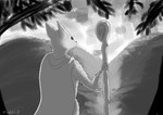 3_fingers anthro big_ears black_eyes branch cloak clothing fingers fur greyscale_background hill holding_object leaf male plant solo staff tree tuft whisker_spots fluxfoxart mouse_guard kenzie_(mouse_guard) mammal mouse murid murine rodent absurd_res greyscale hi_res monochrome shaded signature