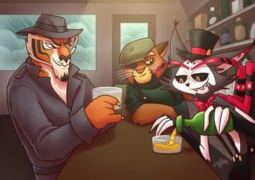 alcohol anthro bar beverage bottle bottomwear clothed clothing container cup drinking_glass eye_patch eyewear fingers fur furniture glass glass_container glass_cup group hat headgear headwear holding_bottle holding_container holding_object male orange_body orange_fur pants shirt smile suspenders top_hat topwear trio whiskey luchosfactory hazbin_hotel hellaverse lackadaisy sly_cooper_(series) sony_corporation sony_interactive_entertainment sucker_punch_productions el_jefe husk_(hazbin_hotel) viktor_vasko demon domestic_cat felid feline felis mammal pantherine tiger absurd_res crossover digital_media_(artwork) hi_res
