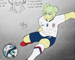 action_pose anthro ball blue_eyes bottomwear breasts clothed clothing female footwear green_hair hair jersey plantigrade pose scales short_hair shorts simple_background smile snout soccer_ball soccer_uniform socks solo sportswear tailless text uniform united_states_of_america yellow_body yellow_scales wolphox adidas cavemanon_studios fifa goodbye_volcano_high nike snoot_game stella_(gvh_beta) dinosaur ornithischian prehistoric_species reptile scalie stegosaurian stegosaurus thyreophoran colored hi_res spanish_text