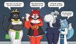 anthro belly_overhang breasts butt cleavage clothed clothing costume dialogue female group holidays male male/female overweight overweight_female text lordstormcaller halloween beth_(lordstormcaller) britney_(lordstormcaller) valerie_(lordstormcaller) canid canine domestic_cat felid feline felis fox mammal rodent sciurid absurd_res english_text hi_res