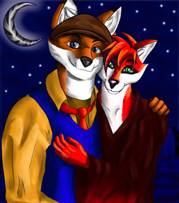 anthro cuddling duo light male male/male moonlight sky star starry_sky tohkahkah 35fox azuri canid canine fox hybrid mammal