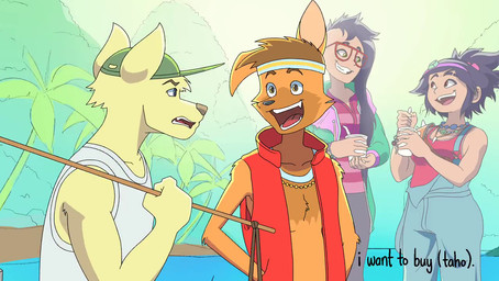 anthro black_hair blue_clothing blue_overalls brown_body brown_eyes brown_fur brown_hair clothing container cup female fur green_cap green_clothing green_hat green_headwear group hair hat headgear headwear holding_container holding_cup holding_object holding_pitcher holding_pole jacket jewelry long_hair male necklace open_mouth overalls palm_tree plant ponytail red_clothing red_jacket red_topwear shirt sidecut tagalog_audio tank_top text topwear tree white_clothing white_shirt white_tank_top white_topwear kasai_hinotori dreamworks forgotten_island jo_(forgotten_island) raissa_(forgotten_island) raww_(forgotten_island) canid human mammal werecanid werecreature animated english_description english_text japanese_description short_playtime subtitled video