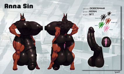 anthro balls big_balls big_breasts big_muscles big_penis breasts genitals herm huge_balls huge_breasts huge_muscles huge_penis hyper hyper_balls hyper_breasts hyper_genitalia hyper_penis intersex muscular muscular_herm muscular_intersex penis pointy_ears size_difference solo text vulva sylviajo anna_sin canid canine canis dobermann domestic_dog mammal pinscher english_text hi_res