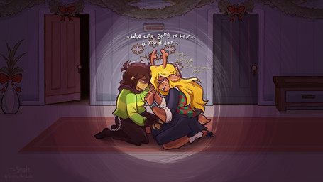 anthro blonde_hair bodily_fluids bottomwear brown_body brown_fur brown_hair clothing crying door duo female freckles fur green_clothing green_shirt green_topwear hair horn inside male shirt sitting skirt tears text topwear stephsartlab deltarune undertale_(series) kris_dreemurr noelle_holiday deer human mammal new_world_deer reindeer 16:9 2025 hi_res widescreen
