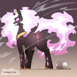 alternate_species animal_genitalia anus black_body bodily_fluids butt equine_genitalia eyelashes fangs female feral genital_fluids genitals looking_back pupils quadruped smile solo tail teeth vaginal_fluids vulva cold-blooded-twilight friendship_is_magic hasbro my_little_pony princess_celestia_(mlp) changeling_(mlp) hi_res