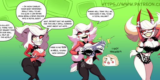 black_bra black_clothing black_panties black_underwear bra clothing dialogue female female/female fusion grin hair horn long_hair merging open_mouth panties red_eyes red_sclera smile speech_bubble text transformation underwear white_body hugothetroll hazbin_hotel hellaverse charlie_morningstar katie_killjoy_(hazbin_hotel) demon humanoid english_text hi_res