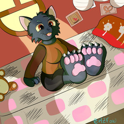 anthro bed bedroom black_body black_fur black_hair breasts claws clothed clothing feet female foot_focus fur furniture hair inside lamp lantern open_mouth pawpads paws photo pillow pink_nose plushie red_eyes simple_background smile solo tongue whiskers window window_light hzfow night_in_the_woods mae_borowski domestic_cat felid feline felis mammal 1:1 digital_media_(artwork) hi_res
