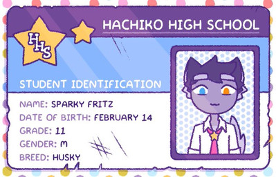 anthro black_hair clothing collared_shirt fur grey_body grey_fur hair heterochromia id_card looking_at_viewer male necktie pink_necktie scratches shirt smile solo star tail text topwear white_clothing white_shirt white_topwear 90percentdenny 90_percent_studios purrfect_apawcalypse sparky_fritz canid canine canis domestic_dog mammal 2019 english_text