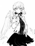 1_wing bottomwear breasts clothed clothing feathered_wings feathers female hair hand_on_hip jacket not_furry shirt short_hair skirt smile solo topwear wings nyong_nyong touhou sagume_kishin humanoid winged_humanoid greyscale hi_res monochrome sketch