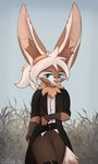 anthro belt blue_eyes bottomwear brown_body brown_fur clothed clothing coat eyewear fur gloves goggles grass handwear inner_ear_fluff pants plant shirt solo standing topwear trenchcoat tuft coffeefly melody_(aseethe) canid canine fennec_fox fox mammal true_fox hi_res